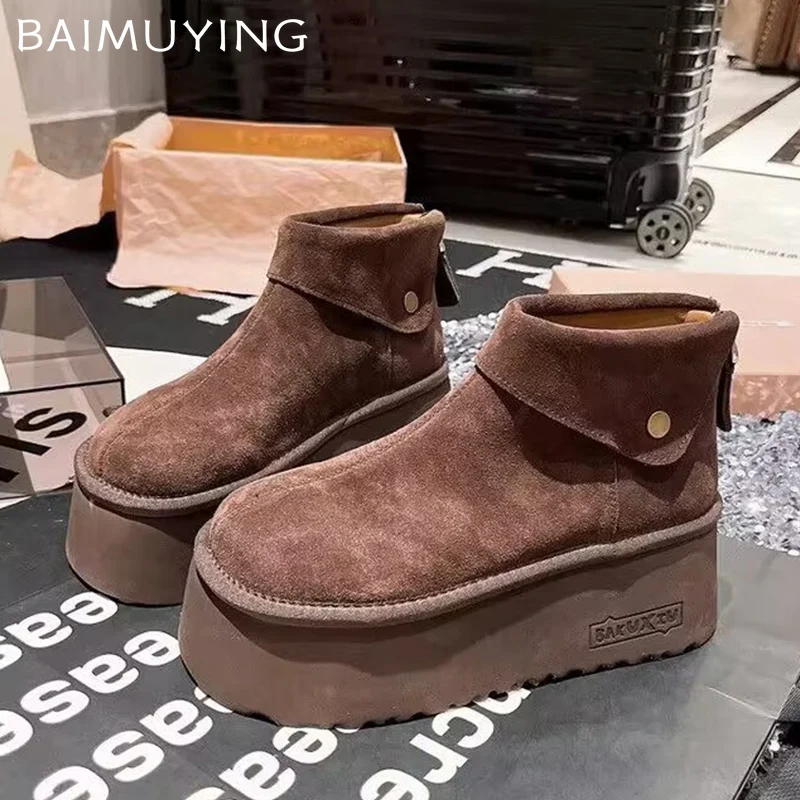 Замшевые женские зимние ботильоны на платформе дизайнерские короткие плюшевые