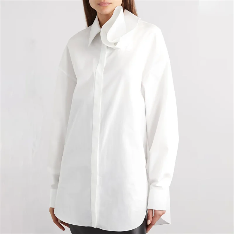 

Модная женская блузка, Новинка осени 2023, корейская мода, женская рубашка с 3D цветочным украшением, высококачественный топ из чистого хлопка с длинным рукавом