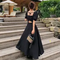 Dress Womens Chic Vintage Black High Waist Square Collar Puff Sleeve Bow A-line Classy Retro Elegant French Female Clothing 2022