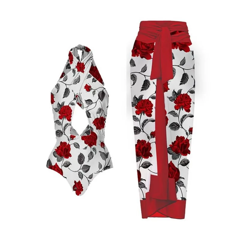 Синий купальник бикини в стиле ретро с принтом накидка на юбку обтягивающий