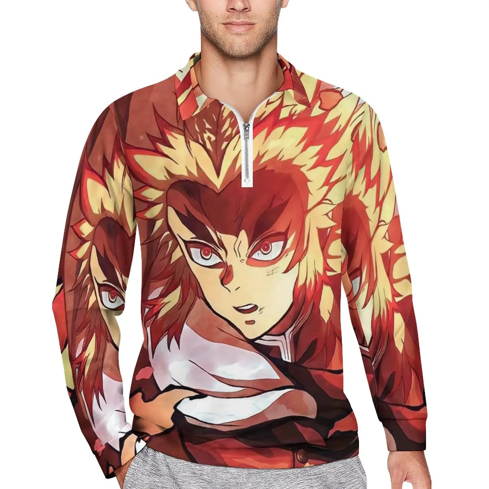 

Demon Slayer Casual T-Shirts Man Rengoku Kyojuro Anime Long Sleeve Polo Shirts Turn-Down Collar Autumn Printed Shirt Big Size