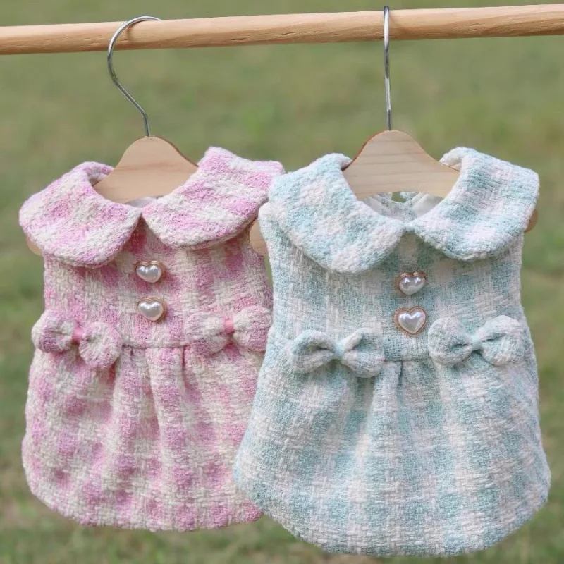

Cute Bowknot Dress Dog Clothes Lapel Collar Heart Button Plaid Small Dog Clothing Cat Thick Warm Winter Kawaii Fashion Pet Items