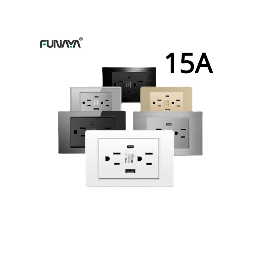 

US Wall Sockets 2 Outlest 2 USB 1 Type C 5V 2.1A Fast Charge Black White Gold PC Glass Panel 220V 110V Power Home Office Socket