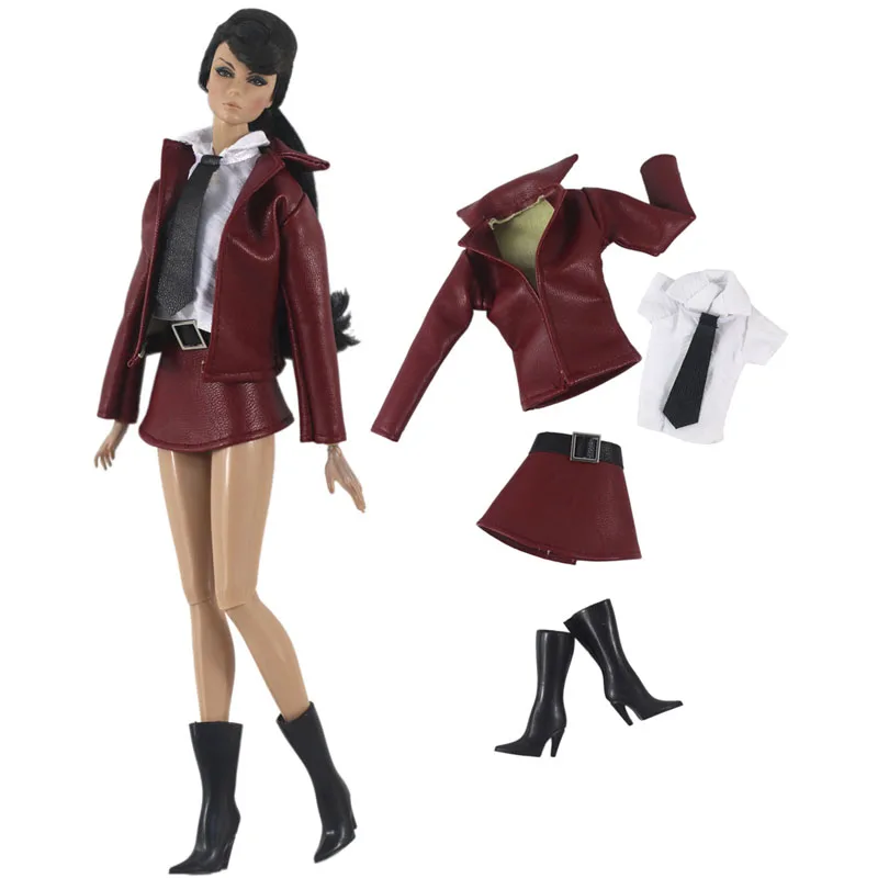 Винный Кожаный Модный комплект одежды для куклы Барби короткое пальто куртка