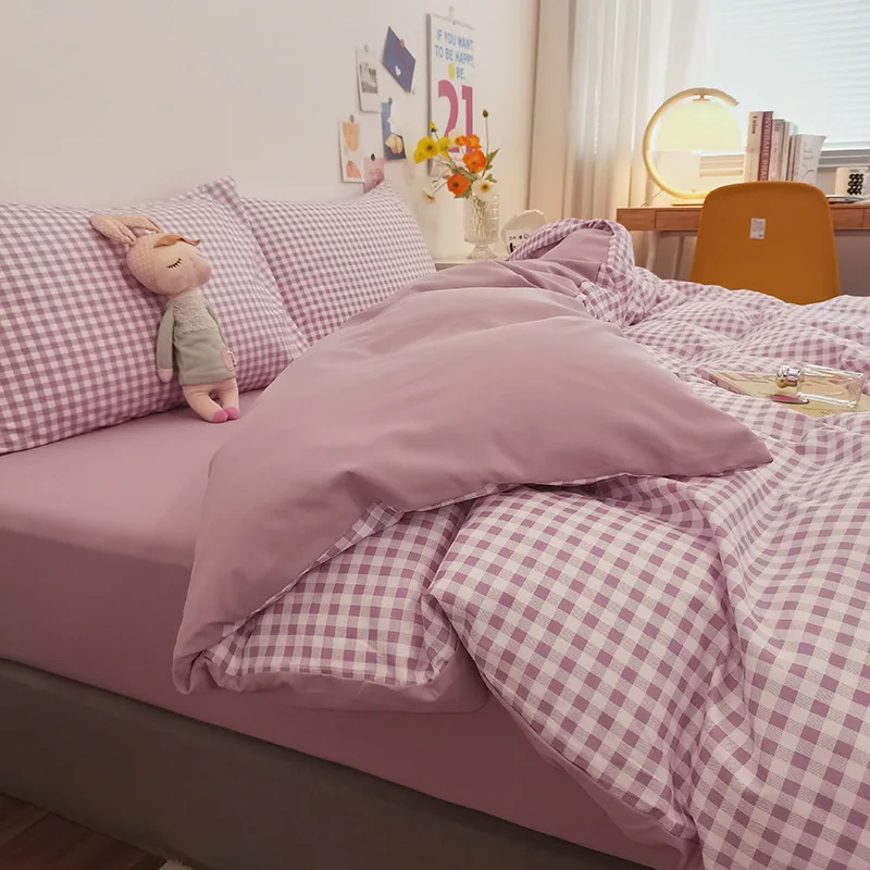 

Классический Комплект постельного белья в клетку и полоску, пододеяльник, простыня, наволочки, воздухопроницаемый и приятный для кожи Комплект пододеяльников в японском стиле
