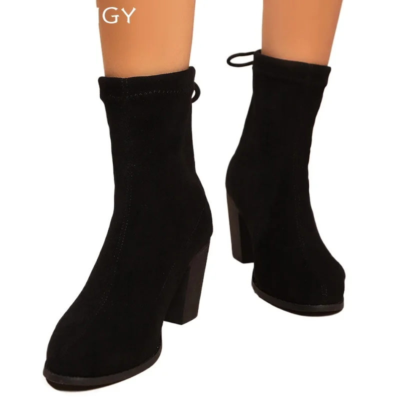Женские замшевые ботильоны на высоком каблуке модная зимняя обувь массивном