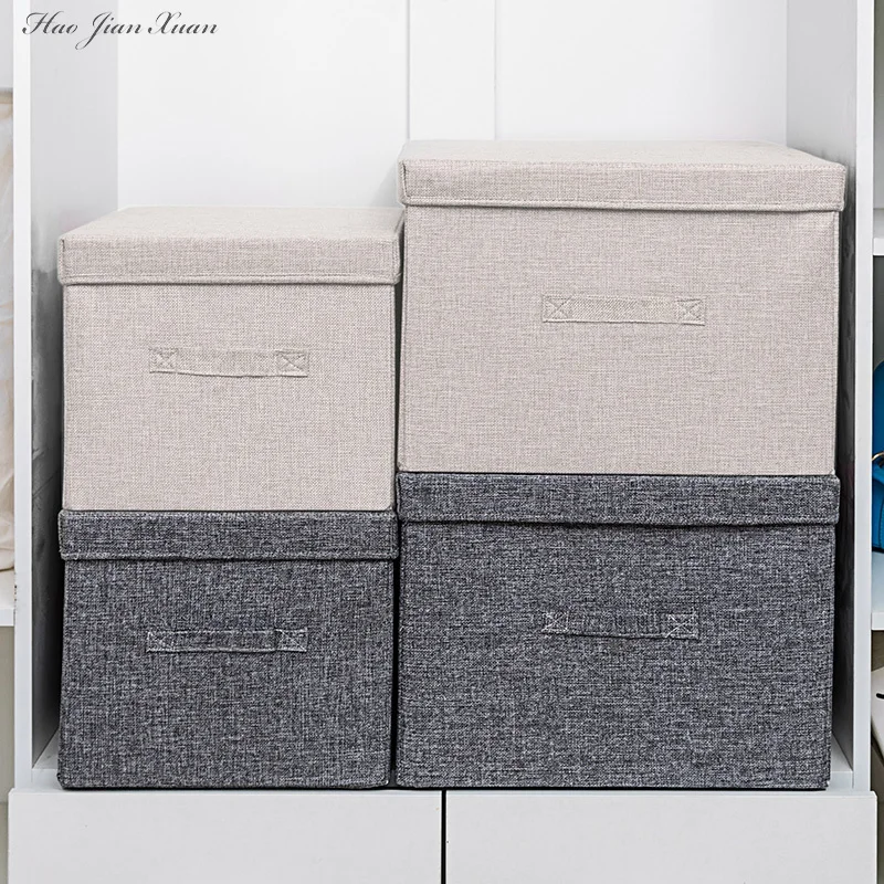 

2021 New Washable Cotton Linen Fabric Folding CD Storage Box Foldable Bins Toys Organizer With Lid Storage Basket Laundry Basket