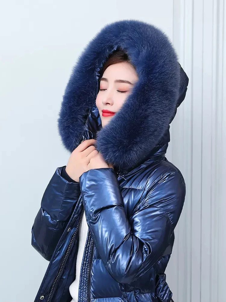 New Women Wash Free Glossy Surface Down Coat Fashion Hooded Real Fox Fur Collar Thicken Warm Long Loose White Duck Down Overcoat