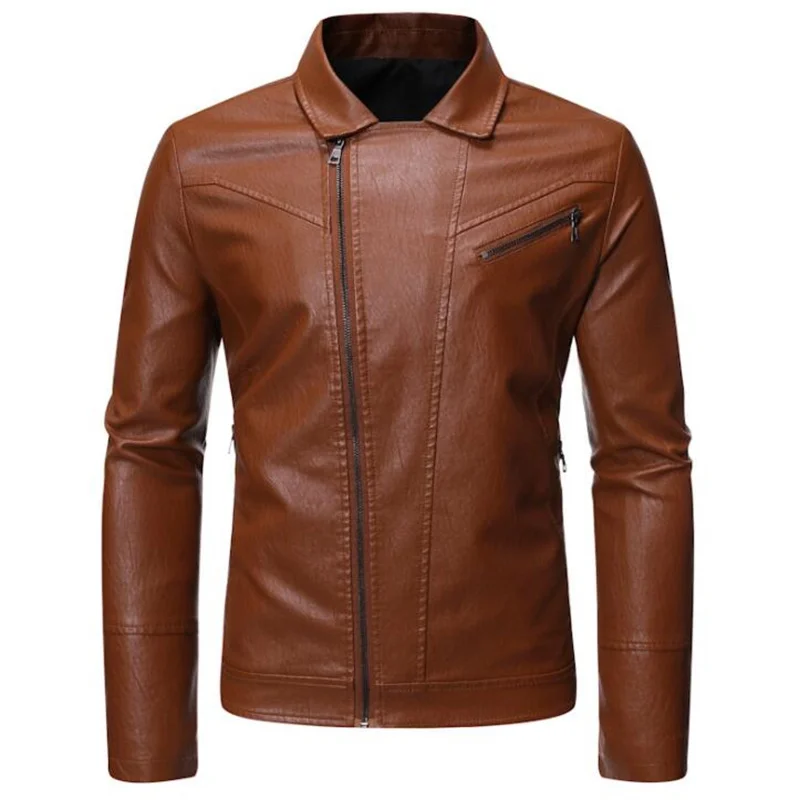 Spring autumn motorcycle leather jacket men mens faux leather coats Diagonal zipper clothes jaqueta de couro brown B372