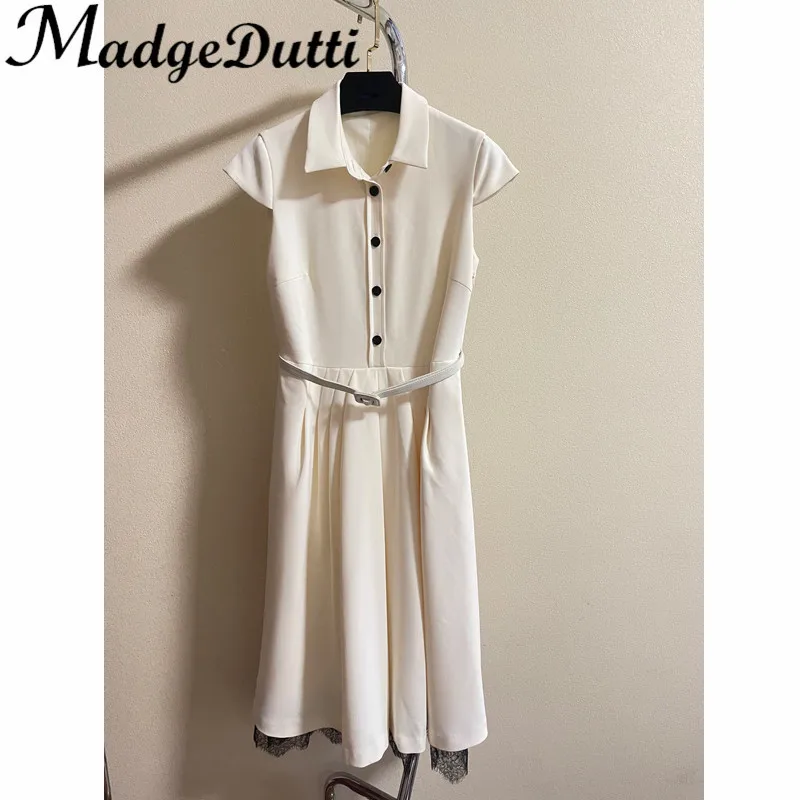 

2.14 MadgeDutti Turn Down Collar Flying Sleeve Design With Belt Pleated Lace Spliced A-Line Dress Women