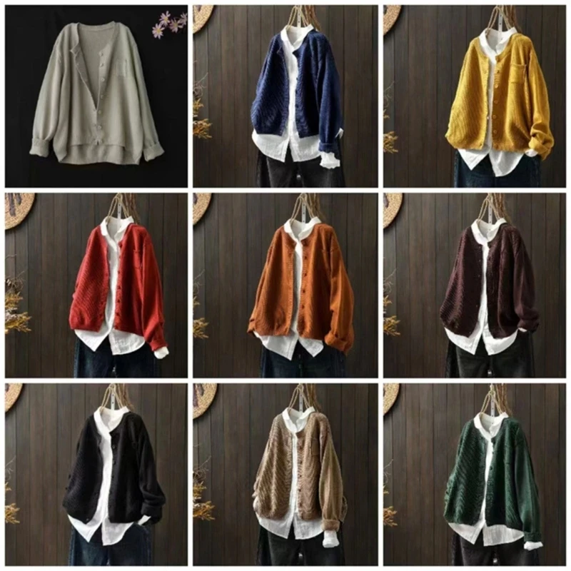 

Womens Casual Crewneck Long Sleeve Open Front Knitted Cardigans Lightweight Button Down Sweater Cardigans Outerwear Tops