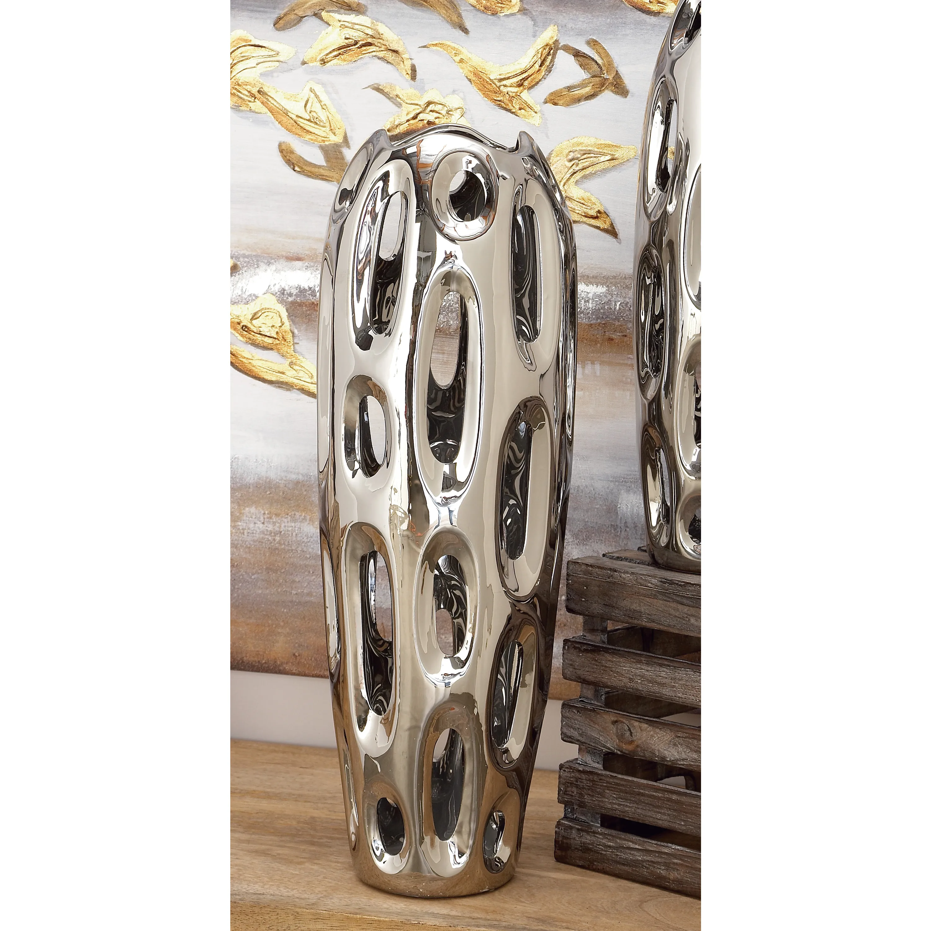 

21" Silver Ceramic Vase with Cut Out Designs
