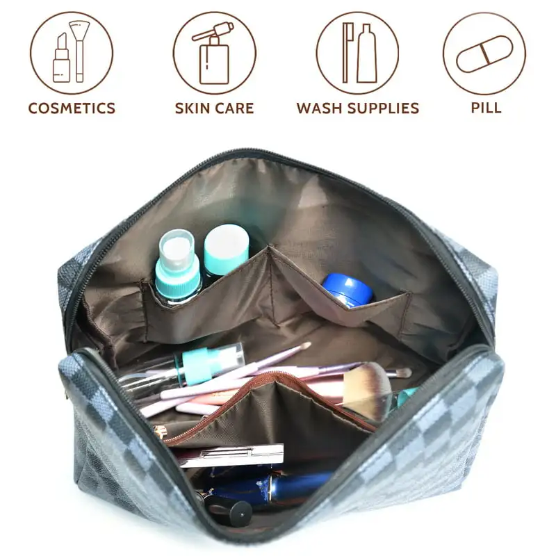 2Pcs Portable Checkered Makeup Bag, Blue Travel Cosmetic Bags, Toiletry Organizer for Women Girl Christmas Gifts, Toiletries Bag