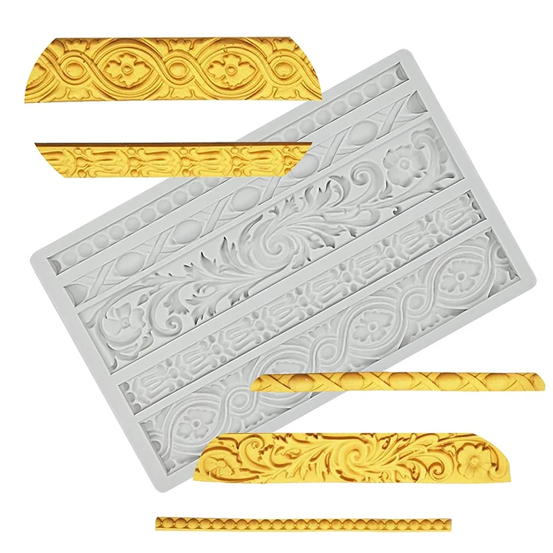 

Baroque Scroll Relief Cake Border Silicone Molds Vintage Curlicues Fondant Mould Flower Frame Edible Lace Mat Decorating Tool