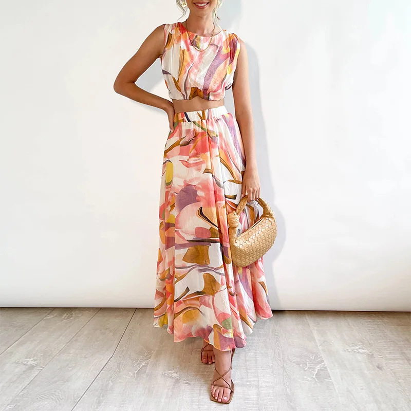 

Women's 2022 Fall New Printed Short Round Neck Vest High Waist Half Body A-Line Skirt Casual Suit Skirt Womens Two Peice Sets