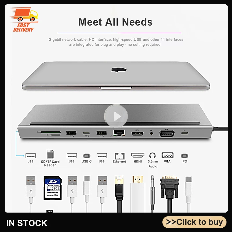

Разветвитель USB Type-C 11 в 1, USB 3,0, RJ45, для MacBook Pro