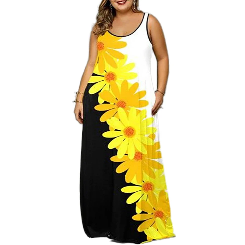 

2022 Plus Size Daisy Floral Print Boho Casual Long Dress Summer Clothes For Women Sexy Sleeveless Ladies Tank Maxi Dresses Robe
