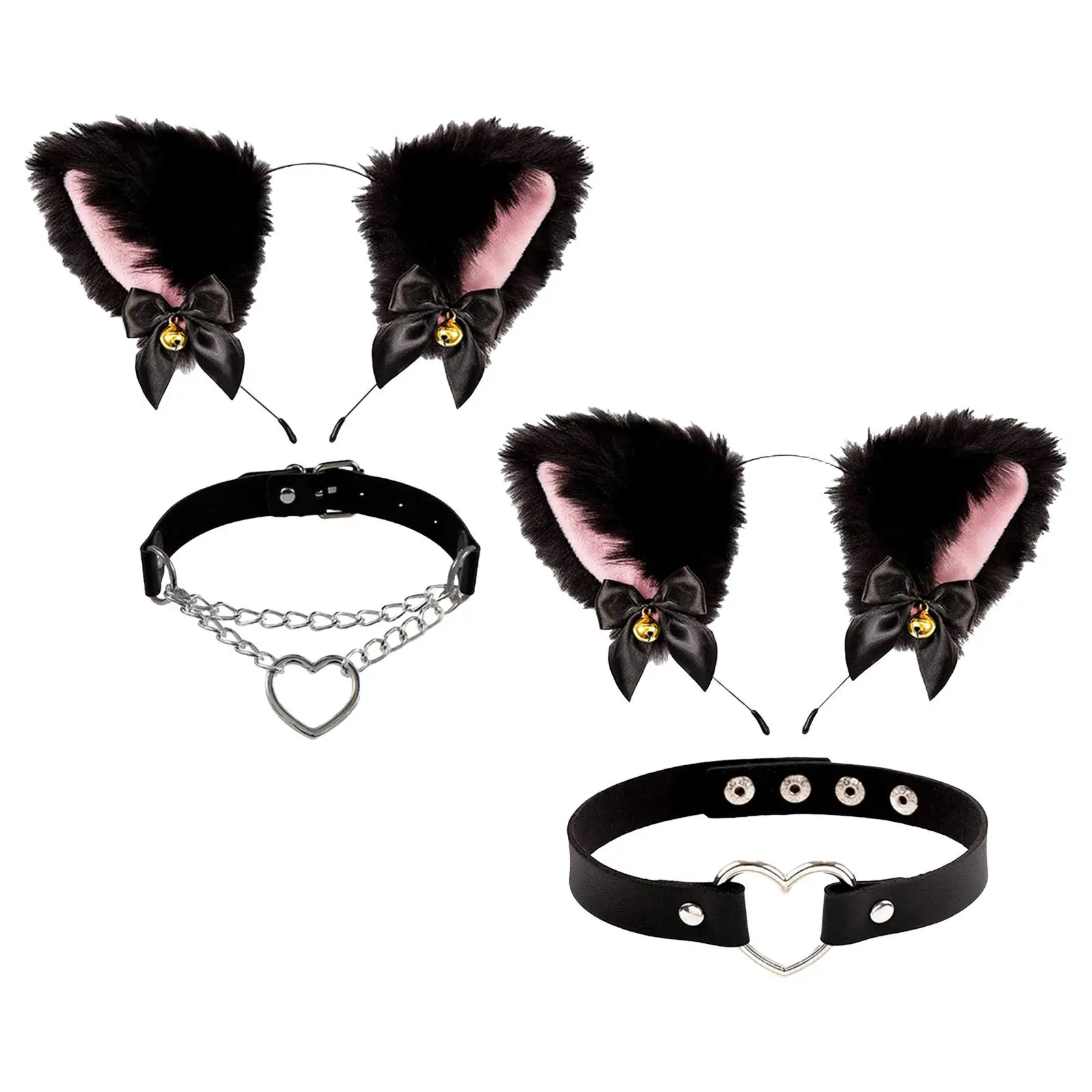 

2x Cat Ears Headband and Leather Heart Choker Necklace for Anime Party