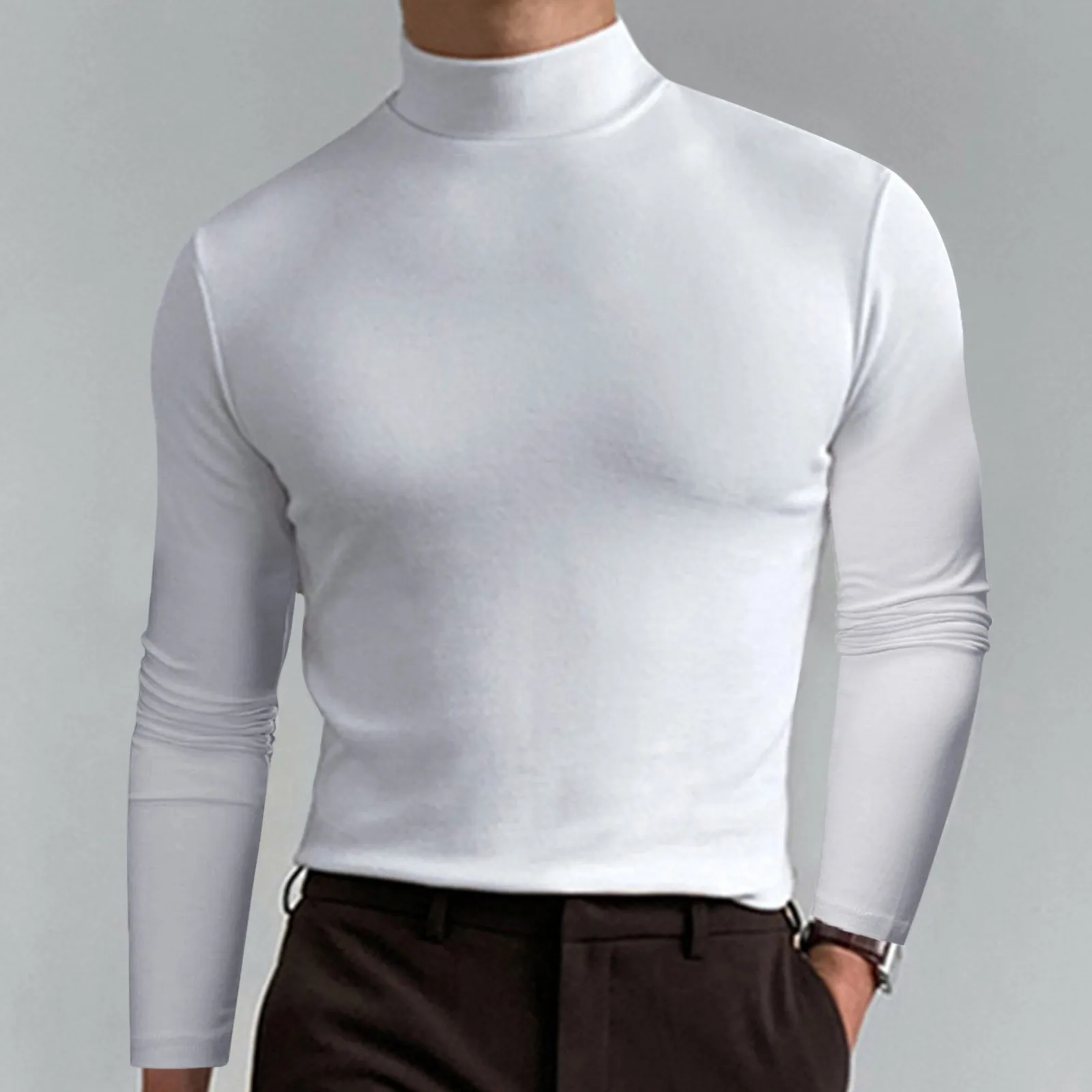 

Мужская однотонная водолазка, Повседневная Базовая рубашка с длинным рукавом, модный однотонный Приталенный топ в Корейском стиле, осень-весна
