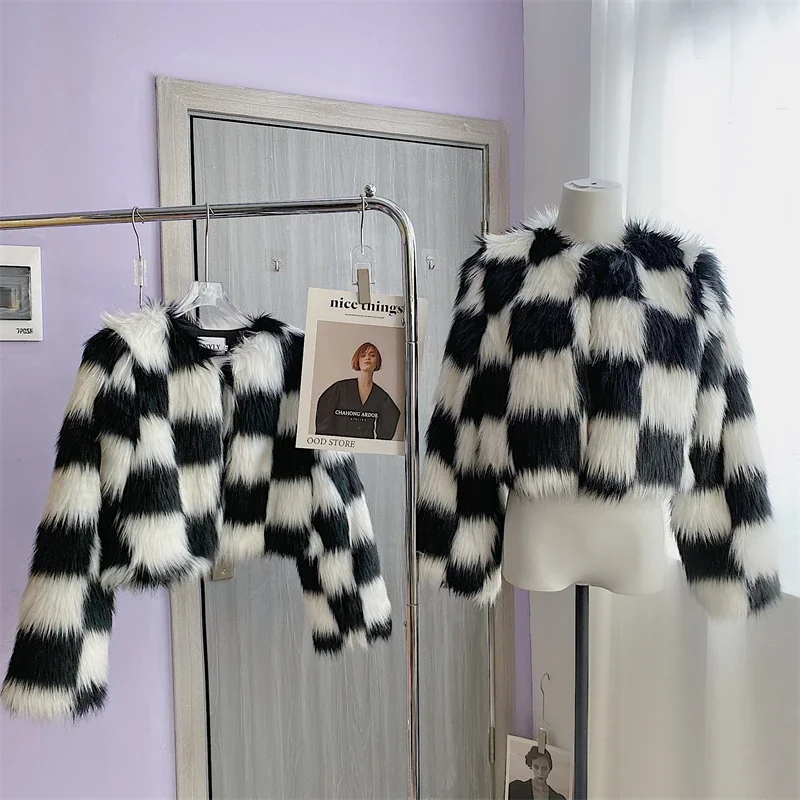 FANIECES черно-белое решетчатое женское пальто из искусственного меха элегантная