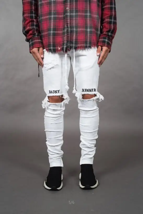 Mens Denim Pant Tight New Explosions Embroidered Slim Feet Side Webbing Elastic Hole Jeans Men