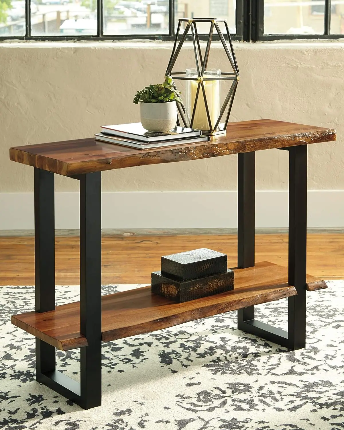 

Деревенский Прямоугольный Диван-стол с полкой, коричневый и черный с натуральной отделкой древесины, маленькие столы