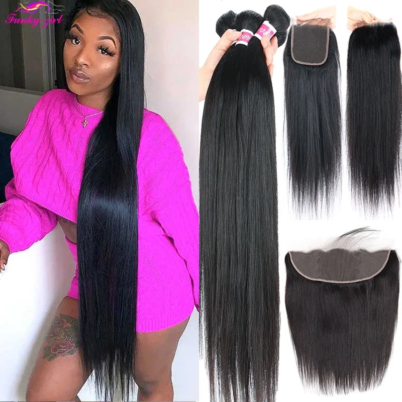Peruvian Hair Weave Bundles With Frontal Funky Girl Hair 30inch Straight Remy Human Hair 13x4 Lace Frontal Closure with Bundles