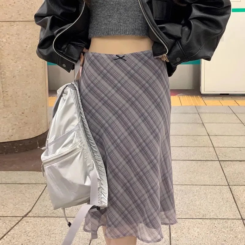 Модная винтажная синяя клетчатая юбка Neploe Y2k облегающая с высокой талией для