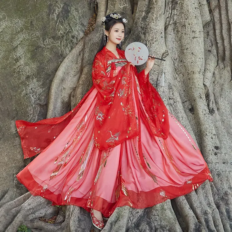 

Сказочные китайские платья Hanfu, традиционные женские танцевальные костюмы, косплей, женская одежда принцессы, большая яркость, красный