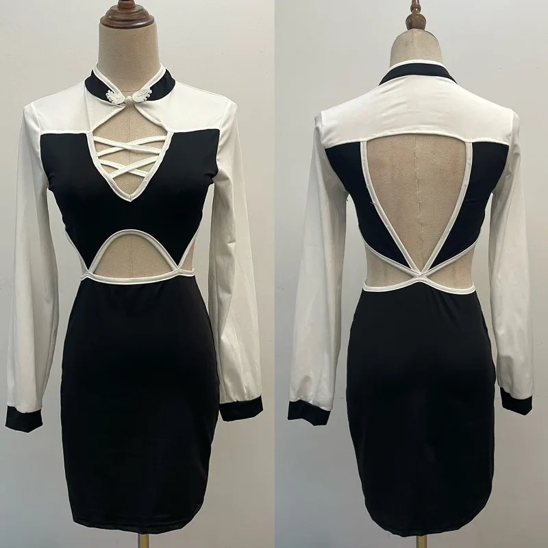 Версия дизайна корейское платье с воротником-стойкой и открытой спиной длинными