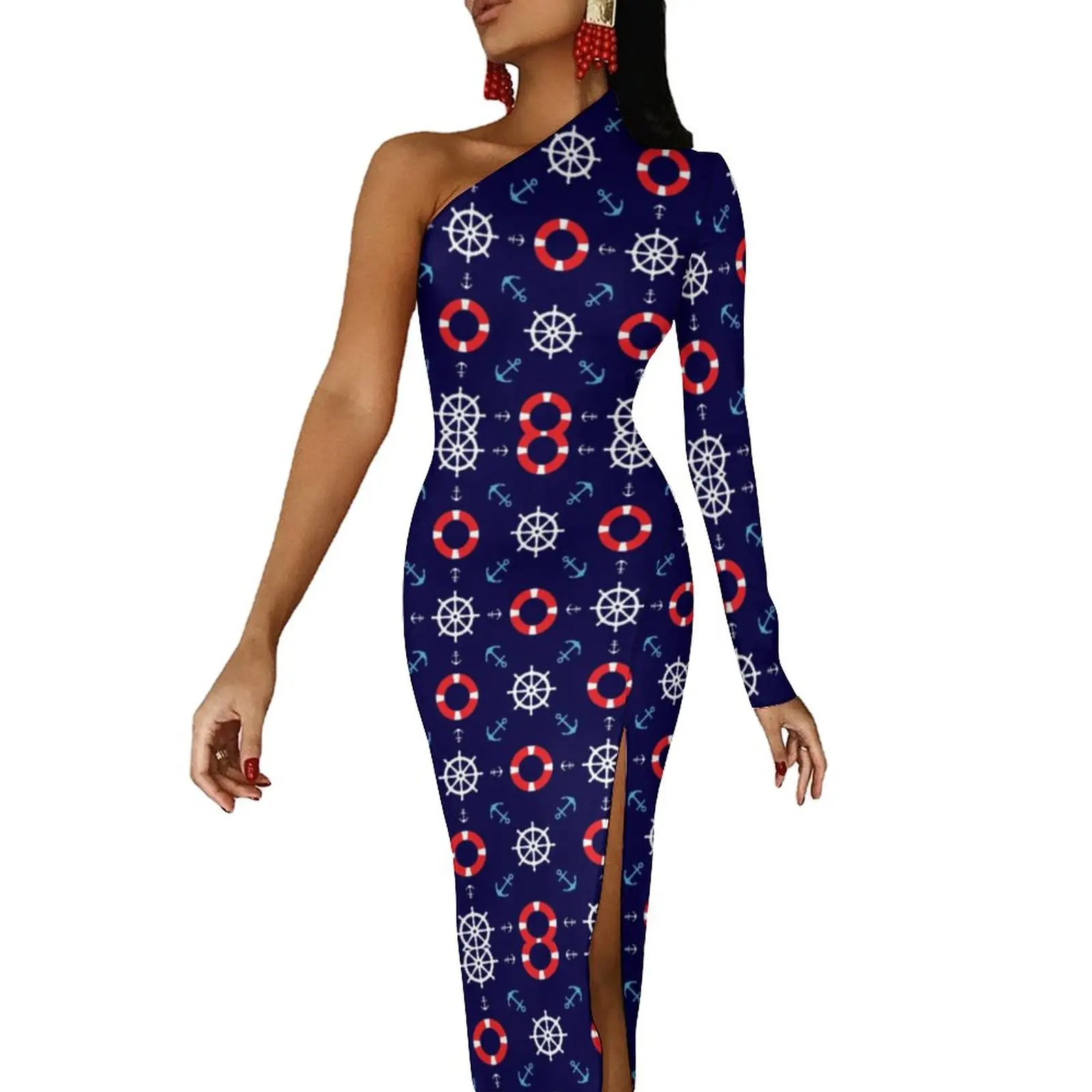 

Nautical Sailors Long Dress Female Anchor Print Aesthetic Maxi Dress Long Sleeve Retro Bodycon Dresses High Slit Graphic Vestido