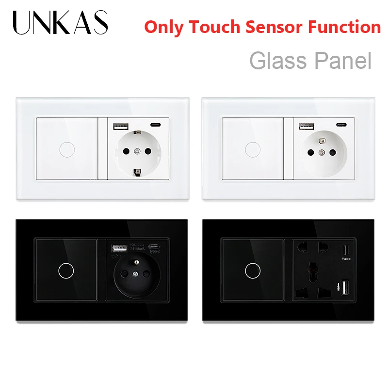 

UNKAS Glass Panel Only Touch On / Off Glass Light Switch EU French 5 Hole Universal Socket Type-C USB Port White Black Outlet