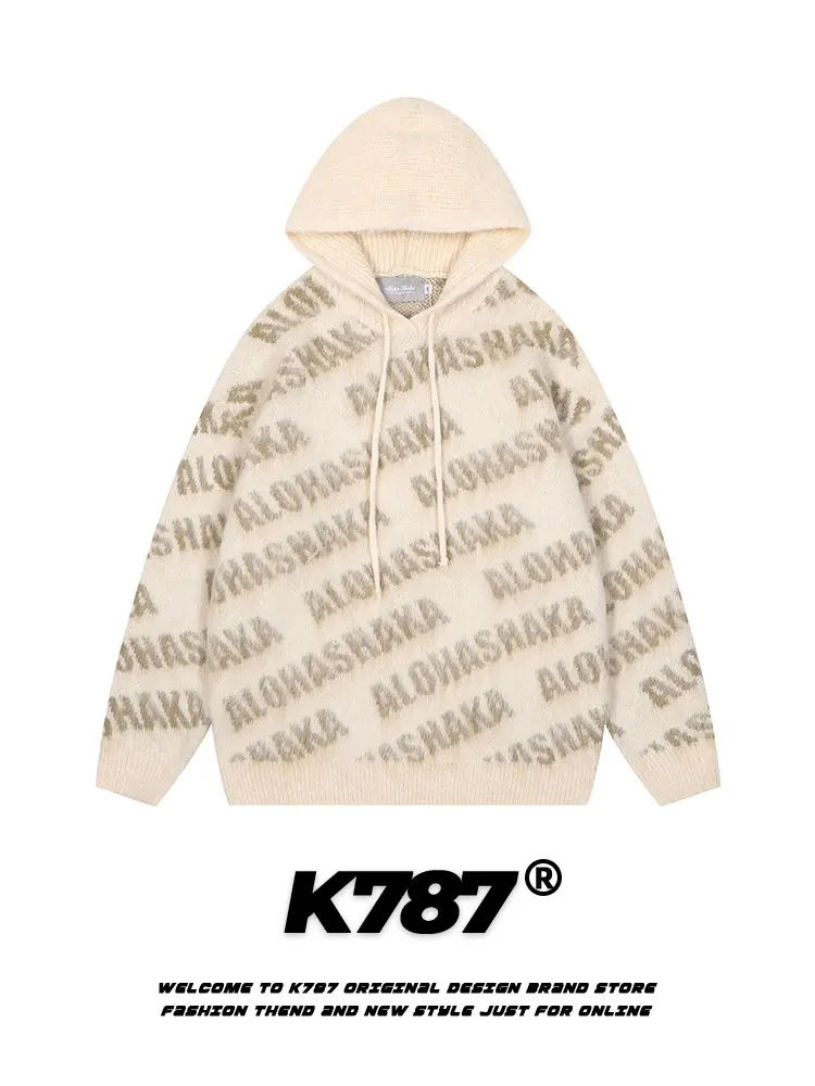 K787 American vintage Letters Street Knit Hoodie Men's and Women's National Fashion Preppy Sweater Couple Outerwear