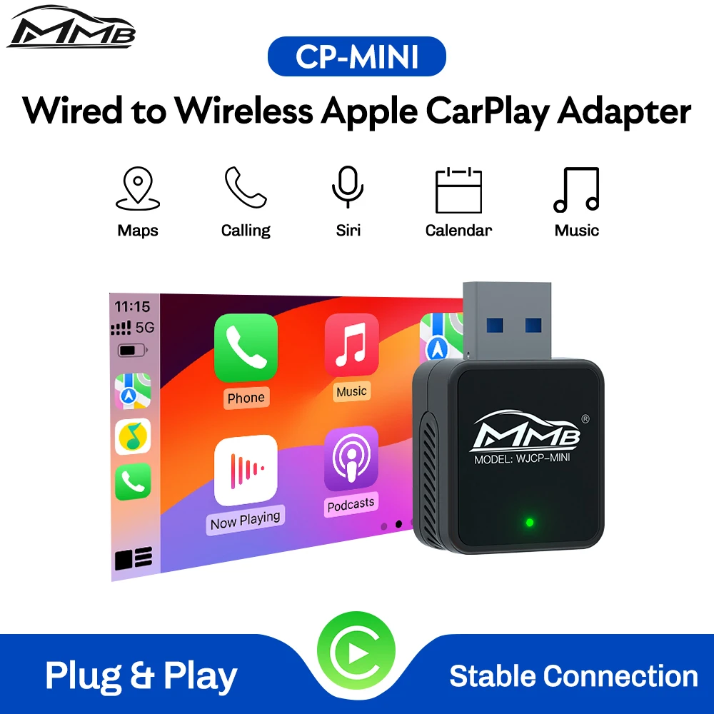 MMB Mini Проводной к беспроводному адаптеру Apple Carplay Wi-Fi Bluetooth 5.2 Plug and Play Обновление Fota
