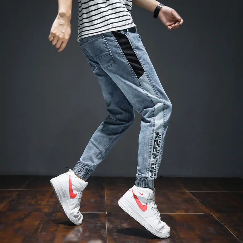 

7XL Jeans Fashion Streetwear Men Jeans Blue Color Denim Harem Pants Hombre Stripe Spliced Japanese Style Hip Hop Joggers Jeans
