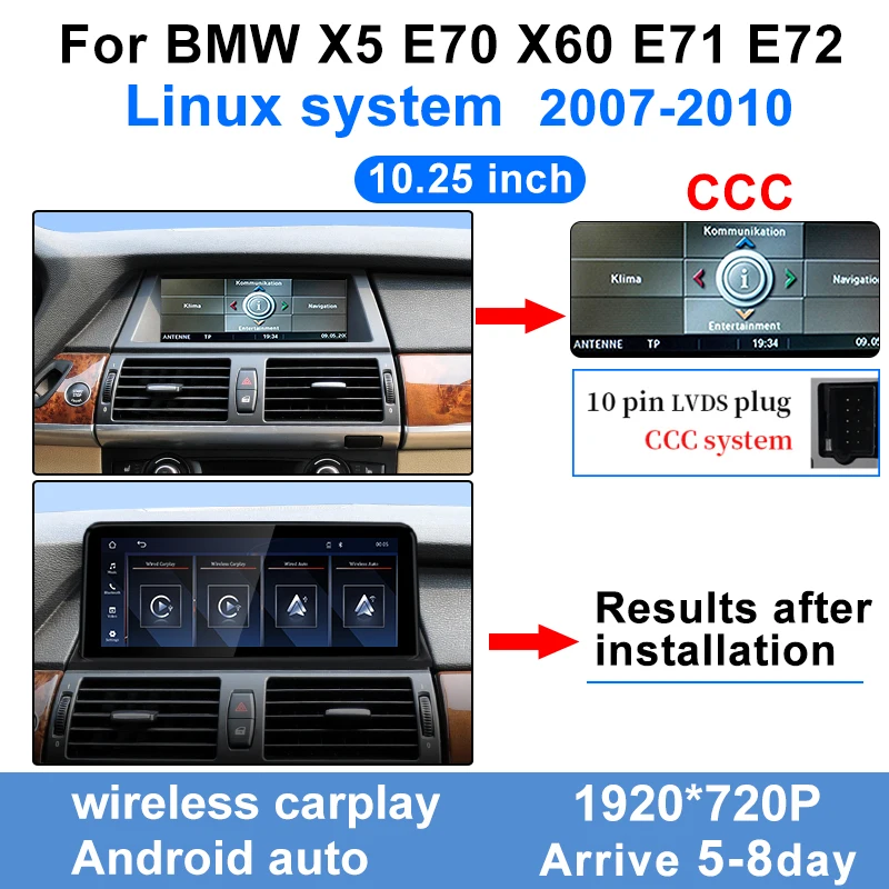 

Linux 10,25 "дисплей с сенсорным экраном 1920*720 для BMW X5 E70 X6 E71 CCC CIC Беспроводной Carplay Android Auto Автомобильный мультимедийный плеер BT