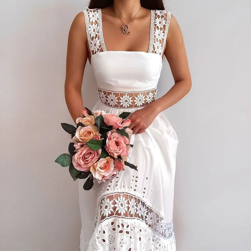 

Женское кружевное платье с открытой спиной, белое длинное ажурное платье на бретелях-спагетти с высокой талией, лето 2021
