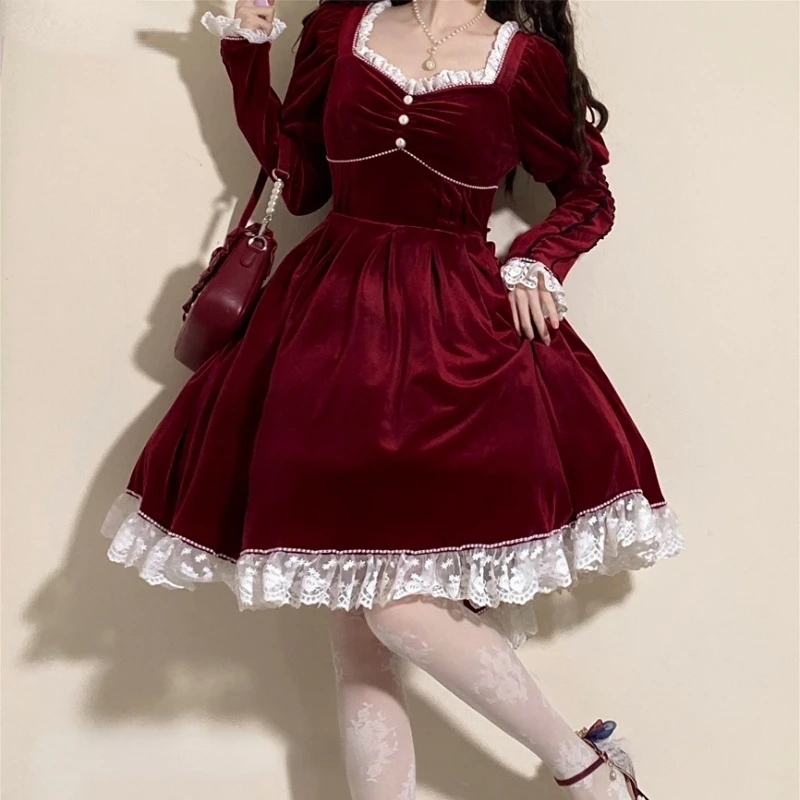 

Sweet Lolita Velvet Dress Women Vintage Elegant Square Collar Party Evening Dresses Female Chic Lace Ruffles Puff Sleeve Dresses