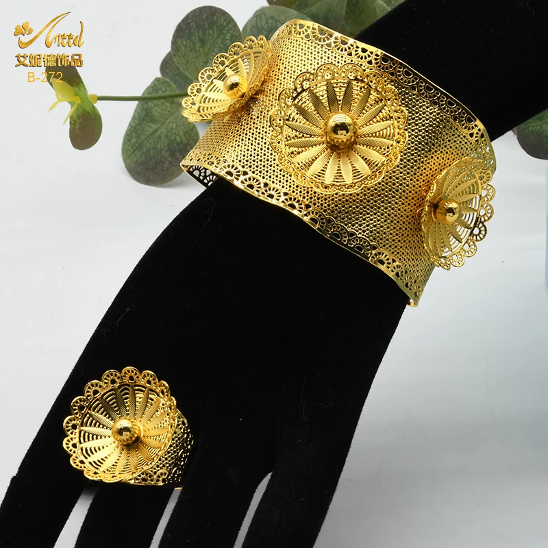 ANIID 24-каратное золото индийский цветок браслеты с кольцом для женщин Африканский