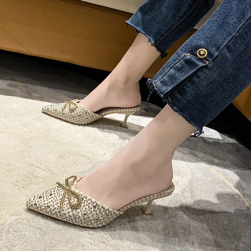 2023 Summer New Semi-slippers Baotou High-heeled Women Wear Fashionable Thin Heel Pointed Bow Shallow Mouth Shoes Women's