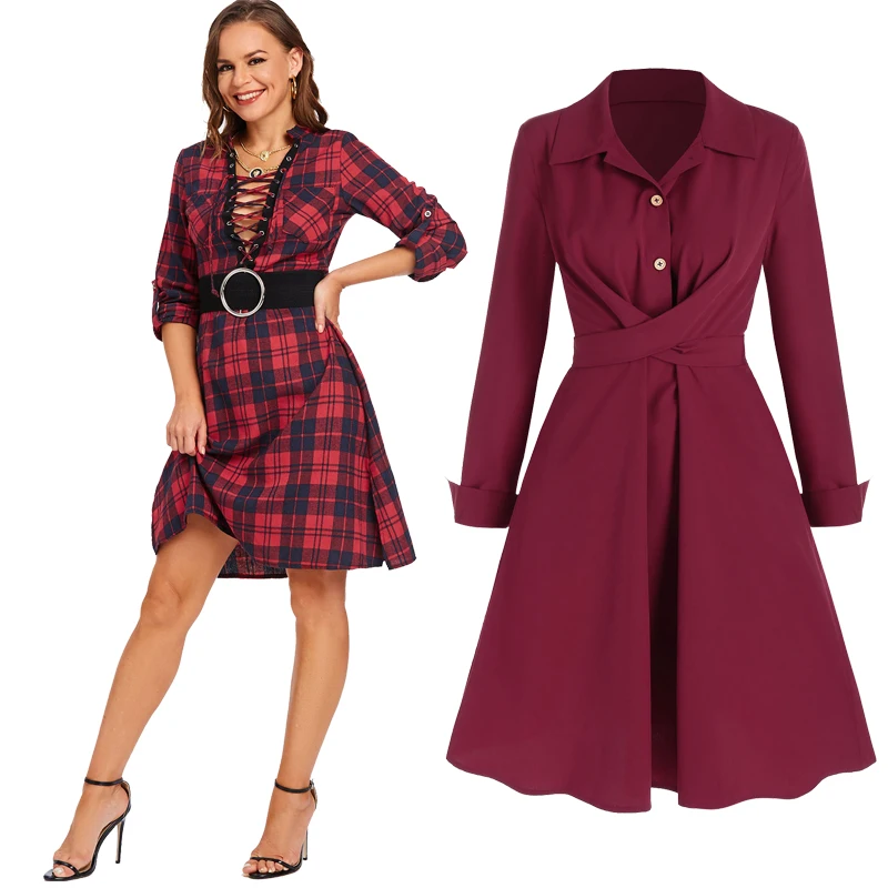 

Women Chic Vintage Plaid Shirt Dresses Lace Up O Ring Belted Roll Up Sleeve Business Casual Dress Half Button Crisscross Vestido