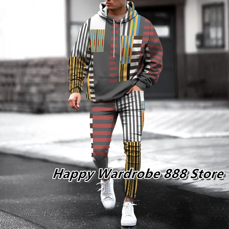 Mens Fleece Hoodies and Trousers 2 Piece Set Stripe Patchwork  Sweatshirts Sweatsuit Man Casual Tracksuits Autumn Clothes Outfit