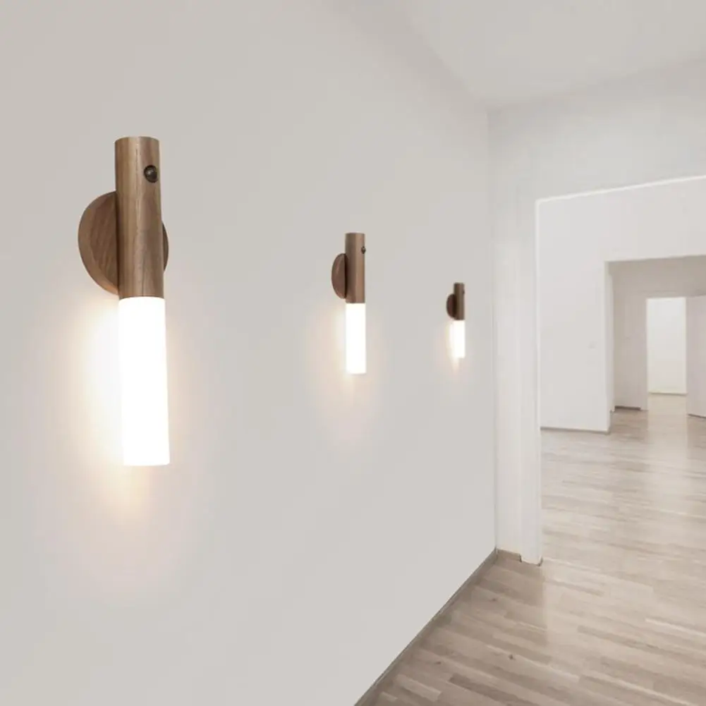 

Wooden Led Night Light Built In 500 Mah Rechargeable Battery Intelligent Body Sensor Rechargeable Wall Lamp