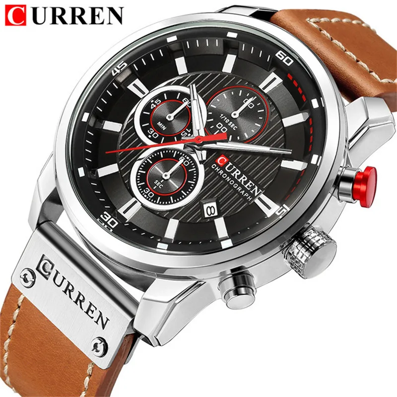 

CURREN Men's Leather Watch Waterproof Luminous Luxury Brand Leisure Sports Six Hand Meter Multifunctional Quartz Watch