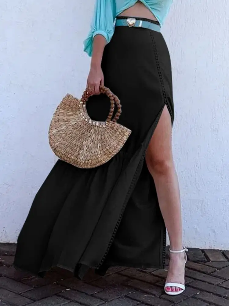 

Celmia Casual Lacework Maxi Skirt Women's Elegant Solid 2022 Fashion High Waist Long Jupe Holiday A-line Side Slit Street Skirts