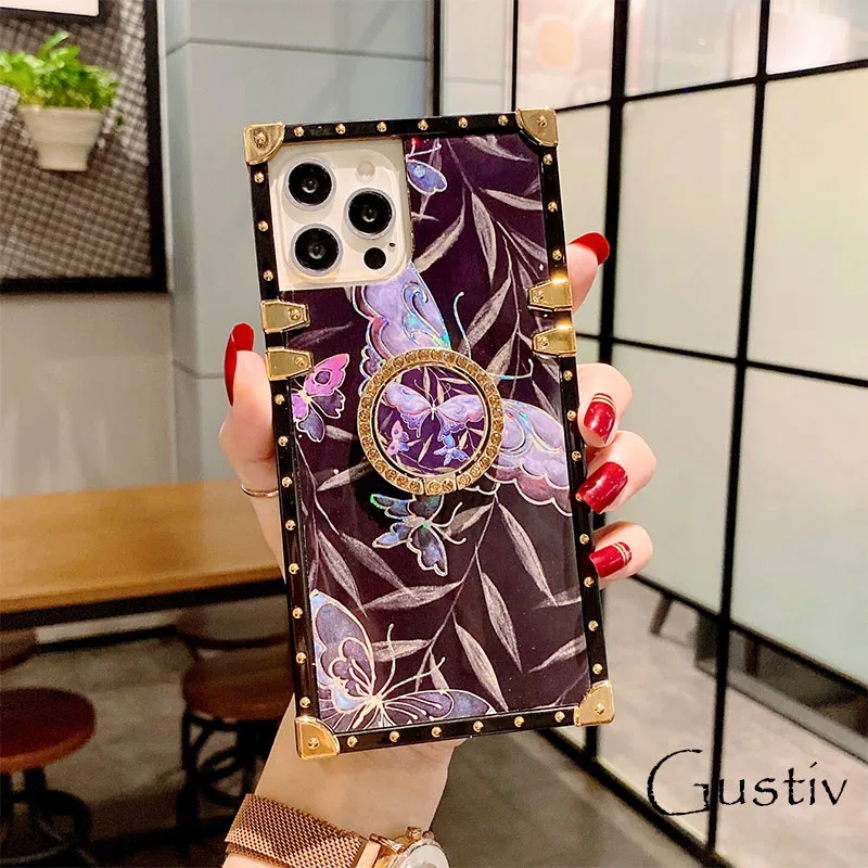 

Laser butterfly flowers Case for iphone 14 pro max case Square Funda Soft Silicone Coque Back Cover for iphone 13 cases 12 PRO