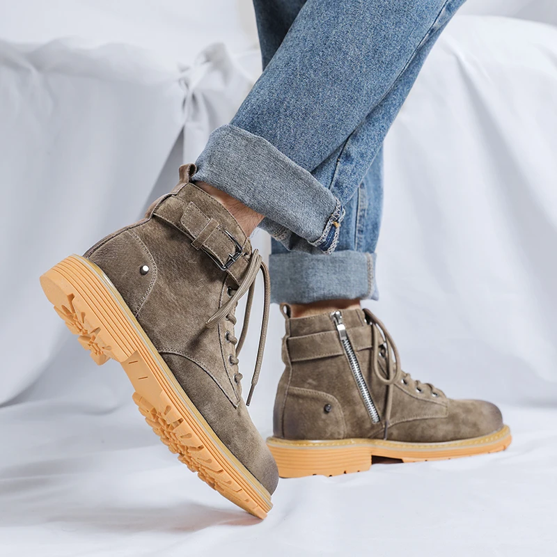 Мужские ботильоны на толстой подошве черные кожаные мотоциклетные ботинки