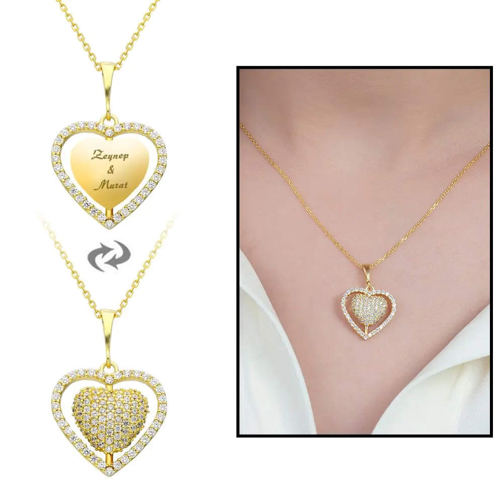 Nipora Zircon Stone Personalized Name Written Gold Color 925 Sterling Silver Heart Women's Necklace