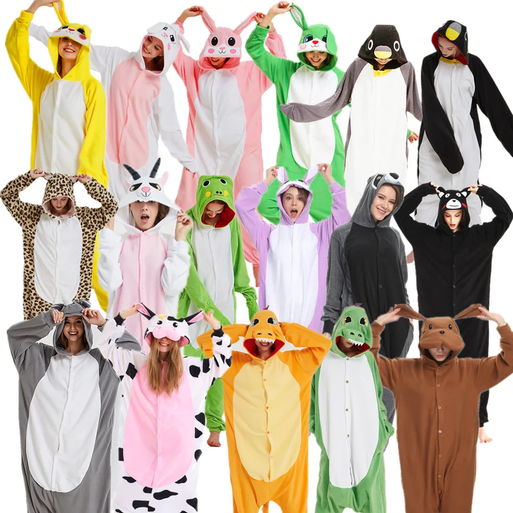 Animal Kigurumis Halloween Costumes Cartoon Onesies Pyjamas For Adults Rabbit Penguin Goat Cat Rhinoceros Cow Raccoon