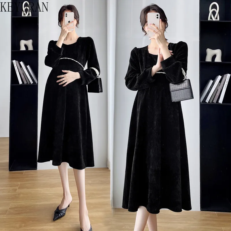 

2022 Spring Autumn Corduroy Maternity Dress for Pregnant Women Elegant Cute Plus Size Long Sleeve A-Line Pregnancy Clothes
